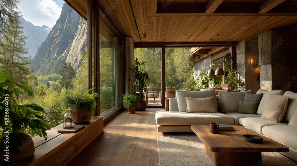 Fototapeta premium Serene Interior with Mountain Vista: A cozy living space, bathed in natural light, seamlessly merges with the majestic mountain panorama outside. Featuring rustic wood elements, comfortable seating.