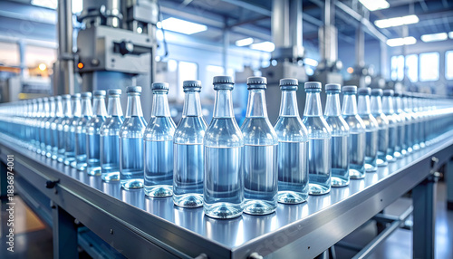 Bottled water production line in a factory setting.