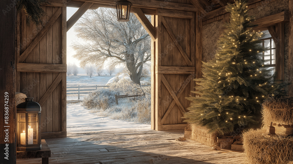 Obraz premium Holiday Barn Interior: Festive Christmas tree with twinkling lights inside a rustic barn, inviting warmth and holiday cheer, blending rustic charm with festive lights, embracing holiday spirit.