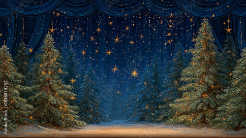 Festive Forest: A captivating display of adorned evergreen trees set against a backdrop of a starlit night, illuminated with a touch of magic, perfect for the holiday spirit.