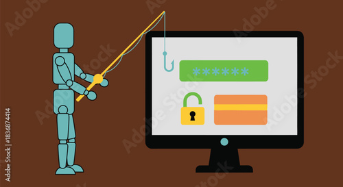 Phishing scam with mannequin holding fishing rod near computer