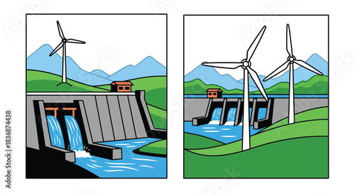 Renewable energy sources with hydroelectric dam and wind turbines