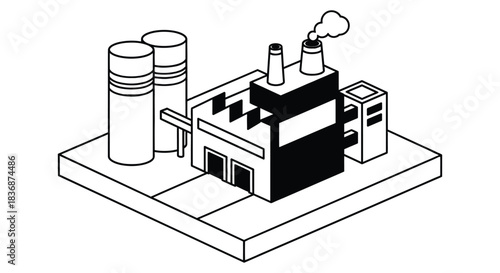 Modern industrial factory with smokestacks and green space