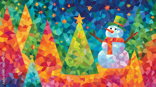 Winter Wonderland Mosaic: A vibrant, mosaic-style artwork depicts a joyful snowman amidst a colorful forest of decorated christmas tree under a starry sky. 