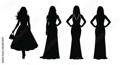 Elegant women in formal dresses silhouettes