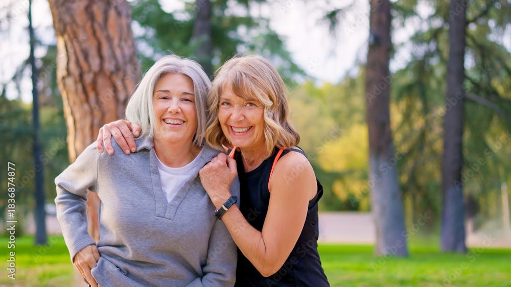 Naklejka premium Playful senior friends smiling together outdoors