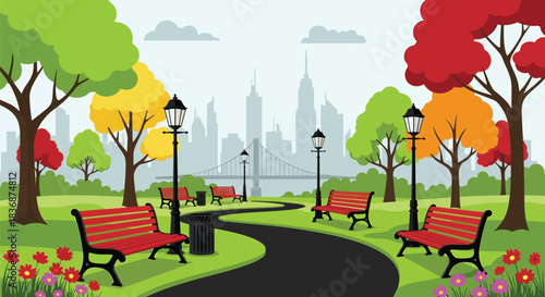 Vibrant city park with colorful trees and benches by a winding path