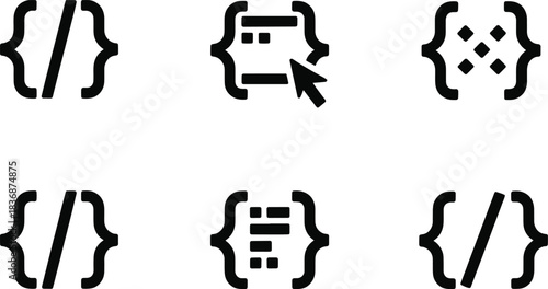 Programming code icon set. Web development curly braces symbol. Line vector collection for software engineering design.