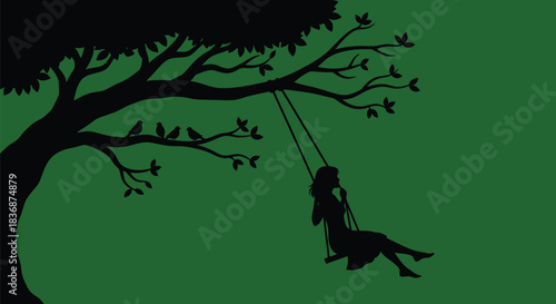 Silhouette of girl on swing under tree with birds