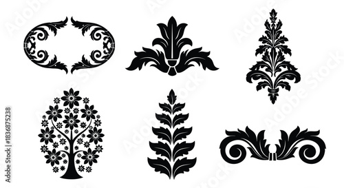 Elegant floral and leaf design elements in black