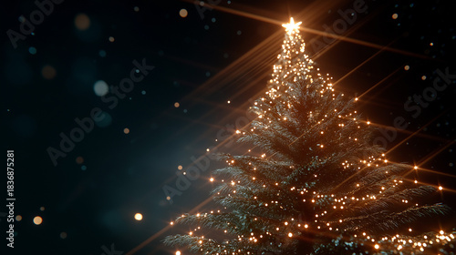 Christmas Tree Ornamented with Golden Lights: A classic christmas tree illuminated by elegant lights, adorned with star, capturing the enchanting beauty and spirit of the holiday season.