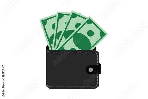Black leather wallet with cash in green dollar bills in cartoon style with white stitching for finance illustration