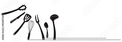 Cooking utensils set: forks, knives, spoons, and more. Flat style set. Silhouettes of cooking utensils. Vector illustration.