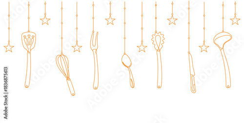 Hanging decoration set of cooking utensils, forks, knives, spoons, and more. Set in flat style. Silhouettes of cooking utensils. Vector illustration.