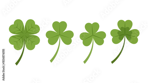 Set of black and outline shamrock leaf icons, simple graphic symbols representing good luck, St. Patrick's Day, and Irish culture, on a white background