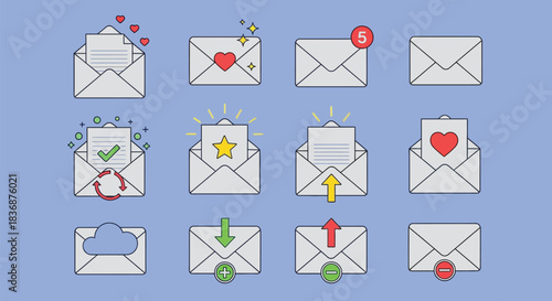 Email icons with various symbols and notifications