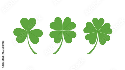 A vibrant collection of green clover leaves, showcasing three-leaf, four-leaf, and rare five-leaf variations, symbolizing good luck, prosperity, and the natural beauty of botanical flora