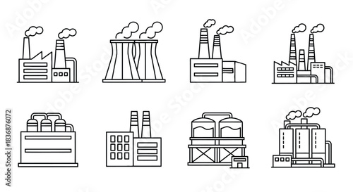 Industrial factory buildings with smokestacks and cooling towers