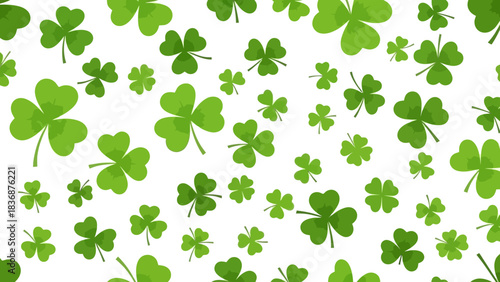 Seamless pattern of various shades of green shamrocks and clover leaves scattered on a white background, symbolizing luck and St. Patrick's Day celebrations