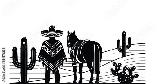 Cowboy standing with horse in desert landscape with cacti