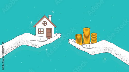 Hands holding house and coins in minimalist illustration with simple lines and bright teal background for real estate finance