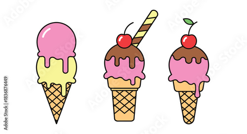 Colorful ice cream cones with toppings and flavors