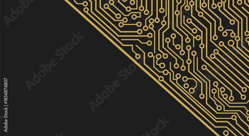 Golden circuit board on black background with modern tech design