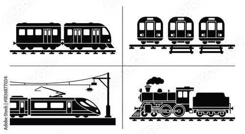 Various train types on tracks in black silhouette