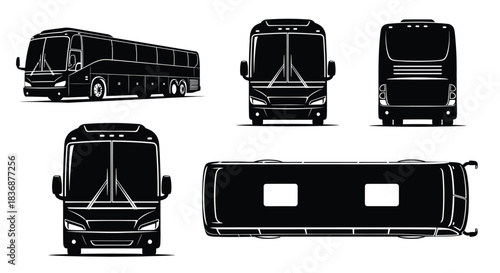 Black bus silhouettes in various views for design