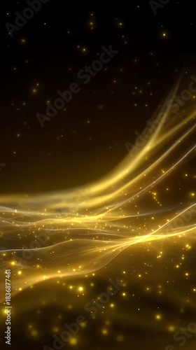 Golden Abstract Flowing Light Waves and Sparkling Particles on a Dark Background Texture