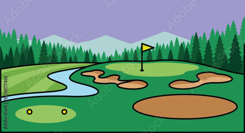 Golf course with sand traps and water feature