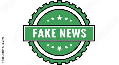 Green badge with Fake News text and white stars