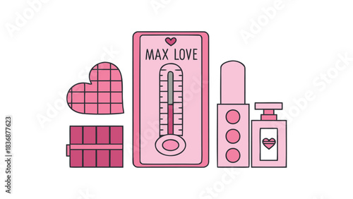 Pink heart shaped gift box thermometer showing max love and perfume bottles representing romance and affection