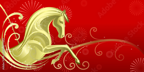 Golden horse illustration for 2026 chinese new year celebration on red background symbolizing strength and prosperity, vector eps