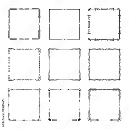 Set Black Simple Line Frame Collection Doodle Square Floral Frame Elements Vector Design Style Sketch Isolated Illustration For Banner