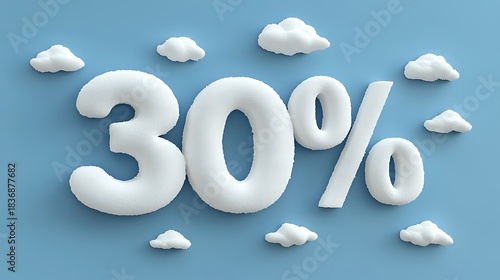 Fluffy White 30 Percent Discount Sign with Clouds on Blue Background.