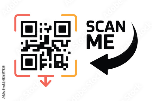 qr code scan icon with scan me frame, smartphone reader, mobile app payment symbol, digital identification element, vector illustration suitable for ui design, fintech, and tech projects.