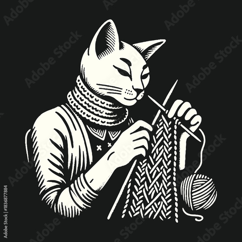 Cat knitting with needles and yarn creative hobby black background.