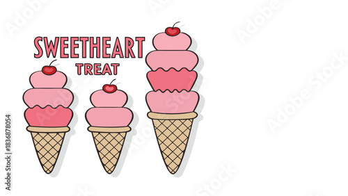 Three pink ice cream cones with cherries on top and the words sweetheart treat in pink text
