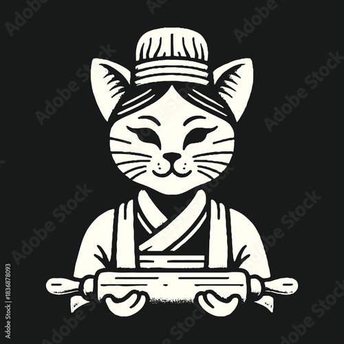 Cat Chef Holding Rolling Pin Baking Illustration.