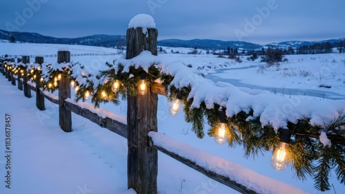 Holiday lights and garland adorn wooden fence