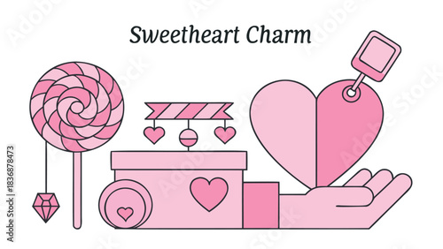 Sweetheart charm collection of pink gifts and symbols of love and affection