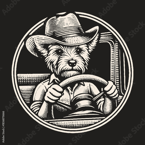 Dog Cowboy Driving Truck: A Whimsical Illustration.
