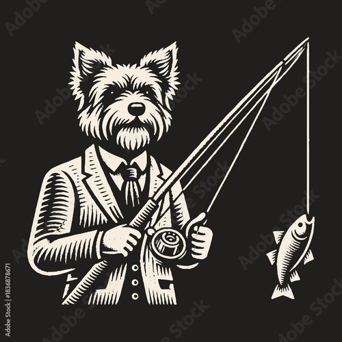 Yorkshire Terrier Angler in Suit Fishing with Fish.