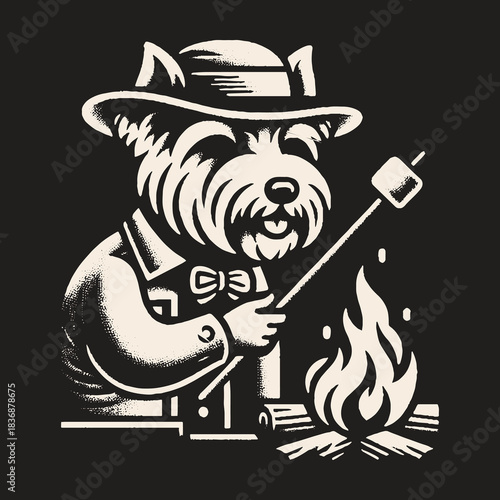 Dog roasting marshmallow over campfire wearing hat and bow tie.
