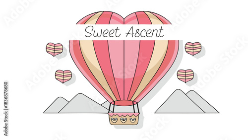 Whimsical heart shaped hot air balloon with sweet ascent text floating over mountains and hearts