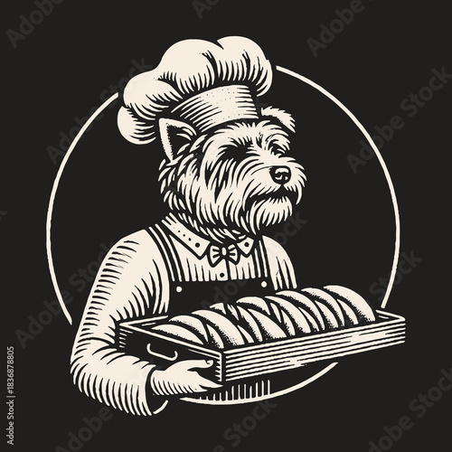 Dog Chef Holding Bread Tray in a Bakery.