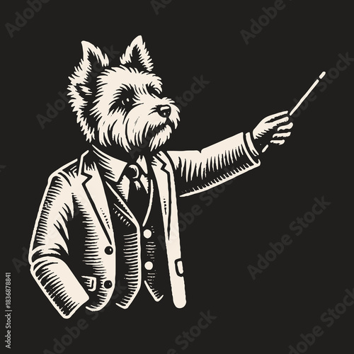 West Highland Terrier in Suit Pointing with Pointer.
