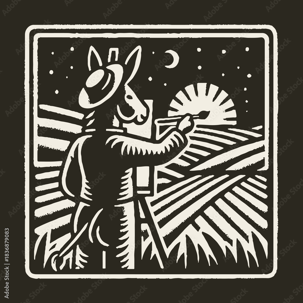 Fototapeta premium Donkey Artist Painting Sunrise Over Rural Landscape.
