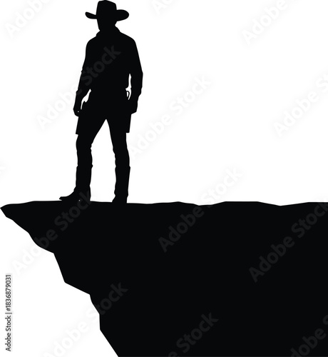 Cowboy on cliff silhouette—vector of solitary Western figure with boots and hat on jagged precipice